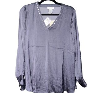 Carmen Marc Valvo Gray Embellished Long Sleeve Blouse NWT